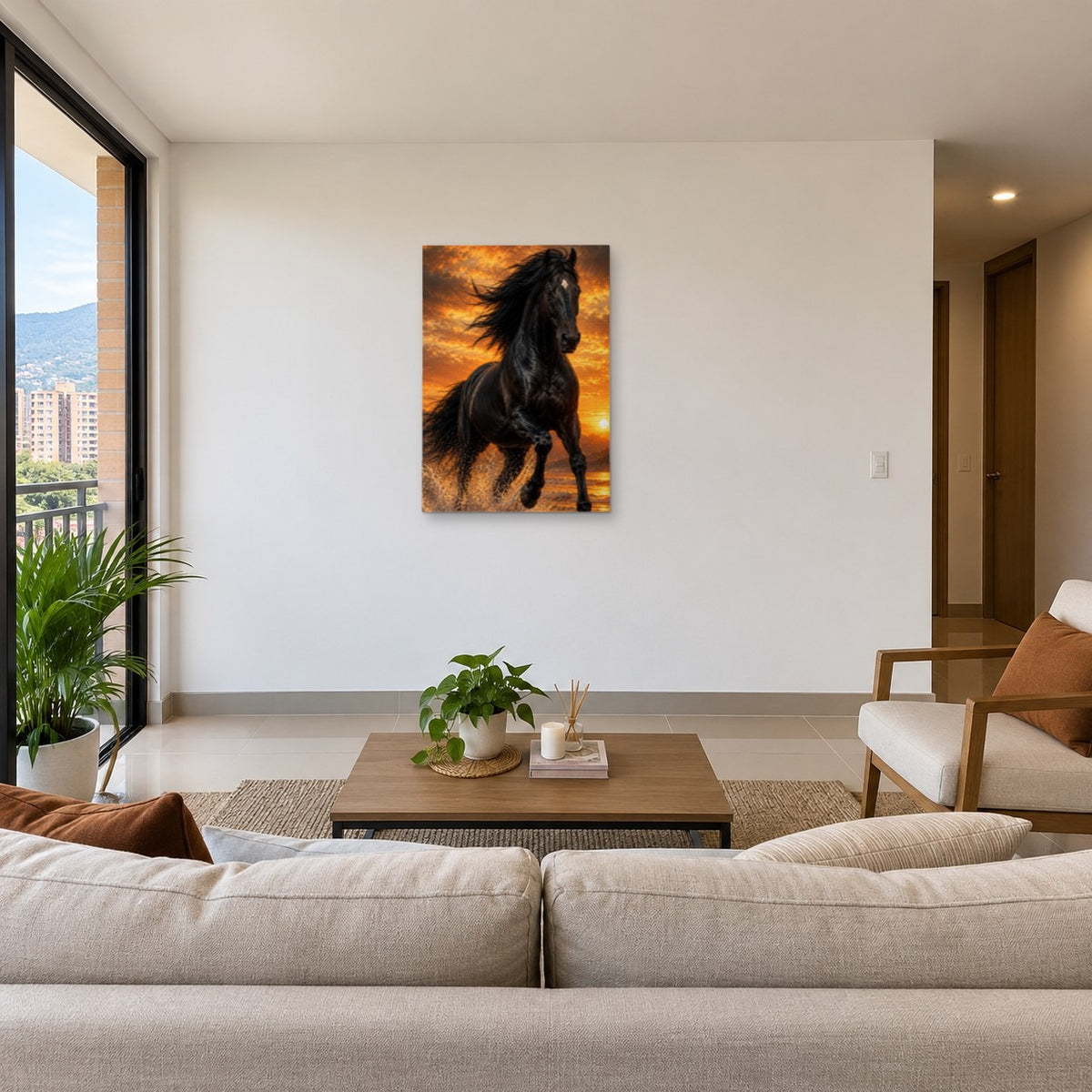 Cuadro Caballo Negro Libertad al Atardecer en la sala