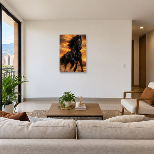 Cuadro Caballo Negro Libertad al Atardecer en la sala