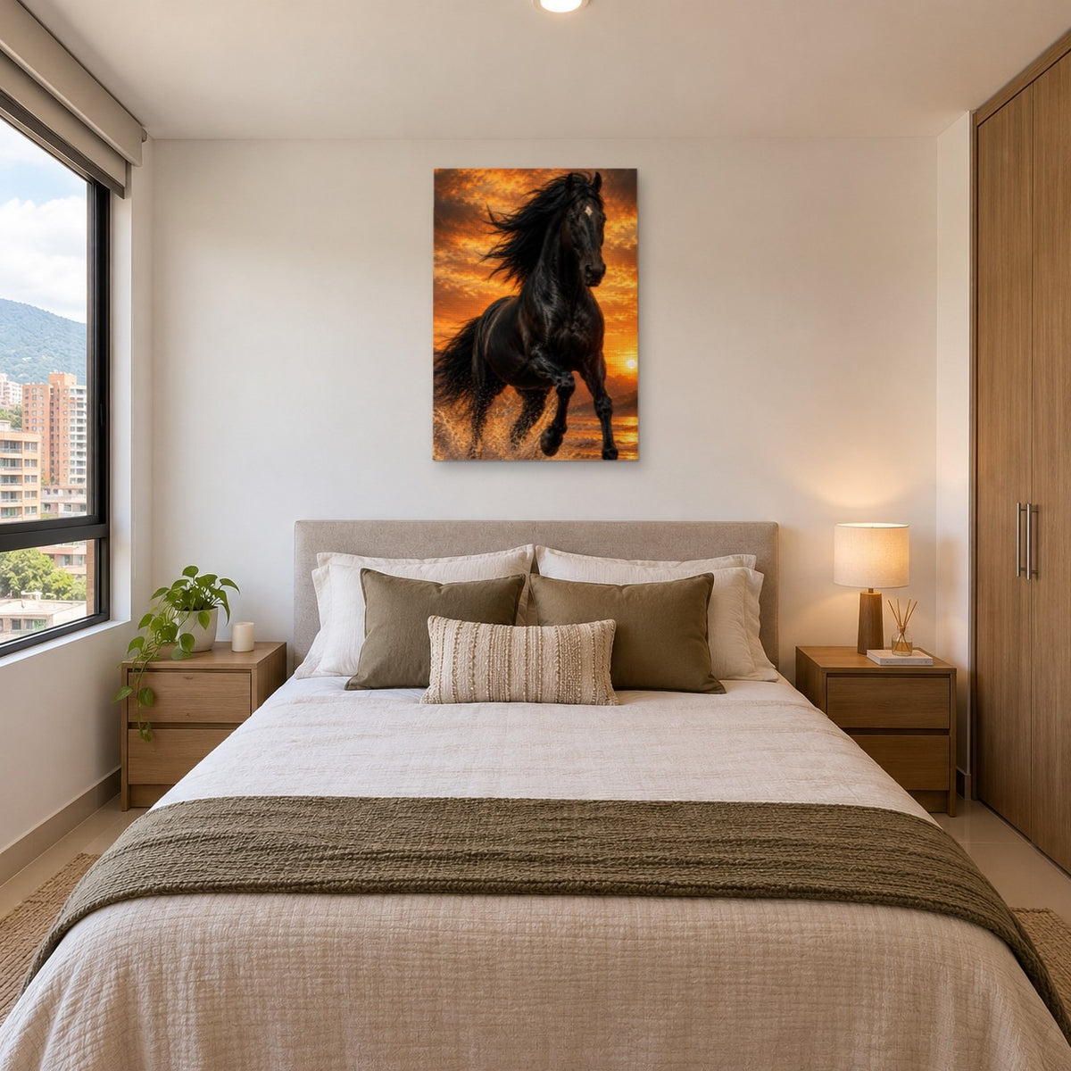 Cuadro Caballo Negro Libertad al Atardecer en la habitación